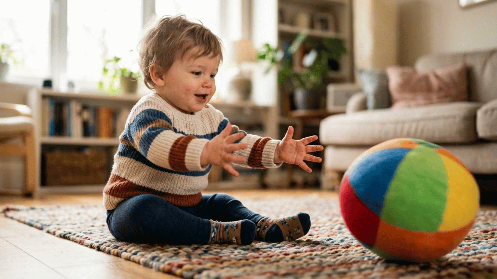toddler reaches with both hands toward a soft ball rolling across the floor