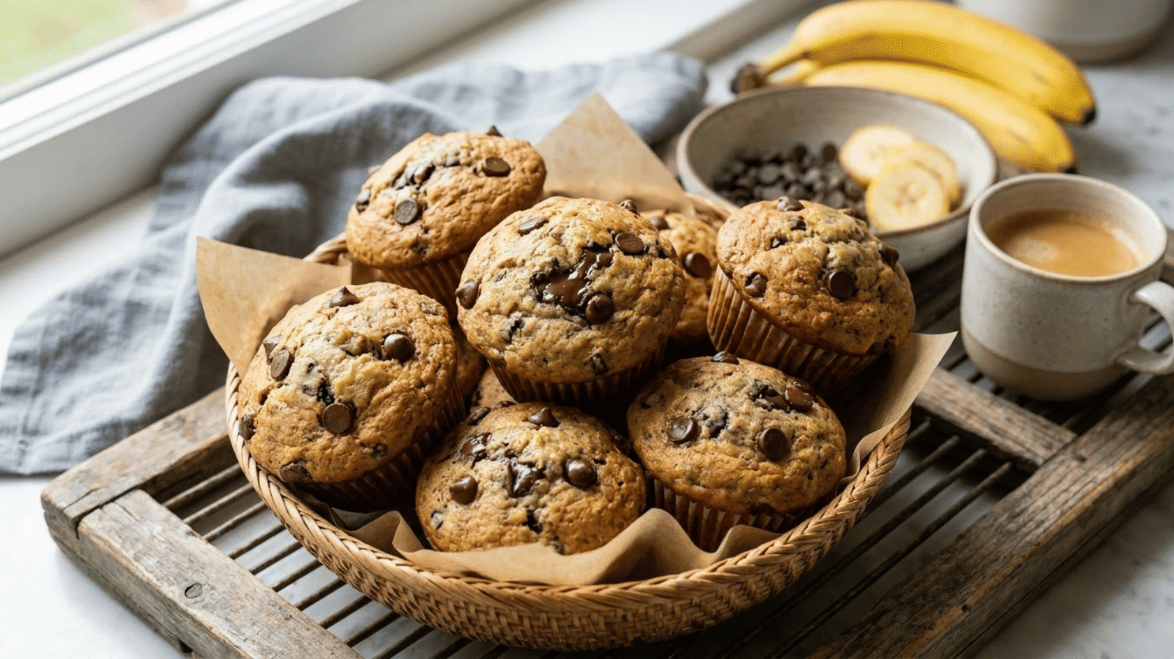 banana chocolate chip muffins in a basket with ripe bananas and a cup of coffee