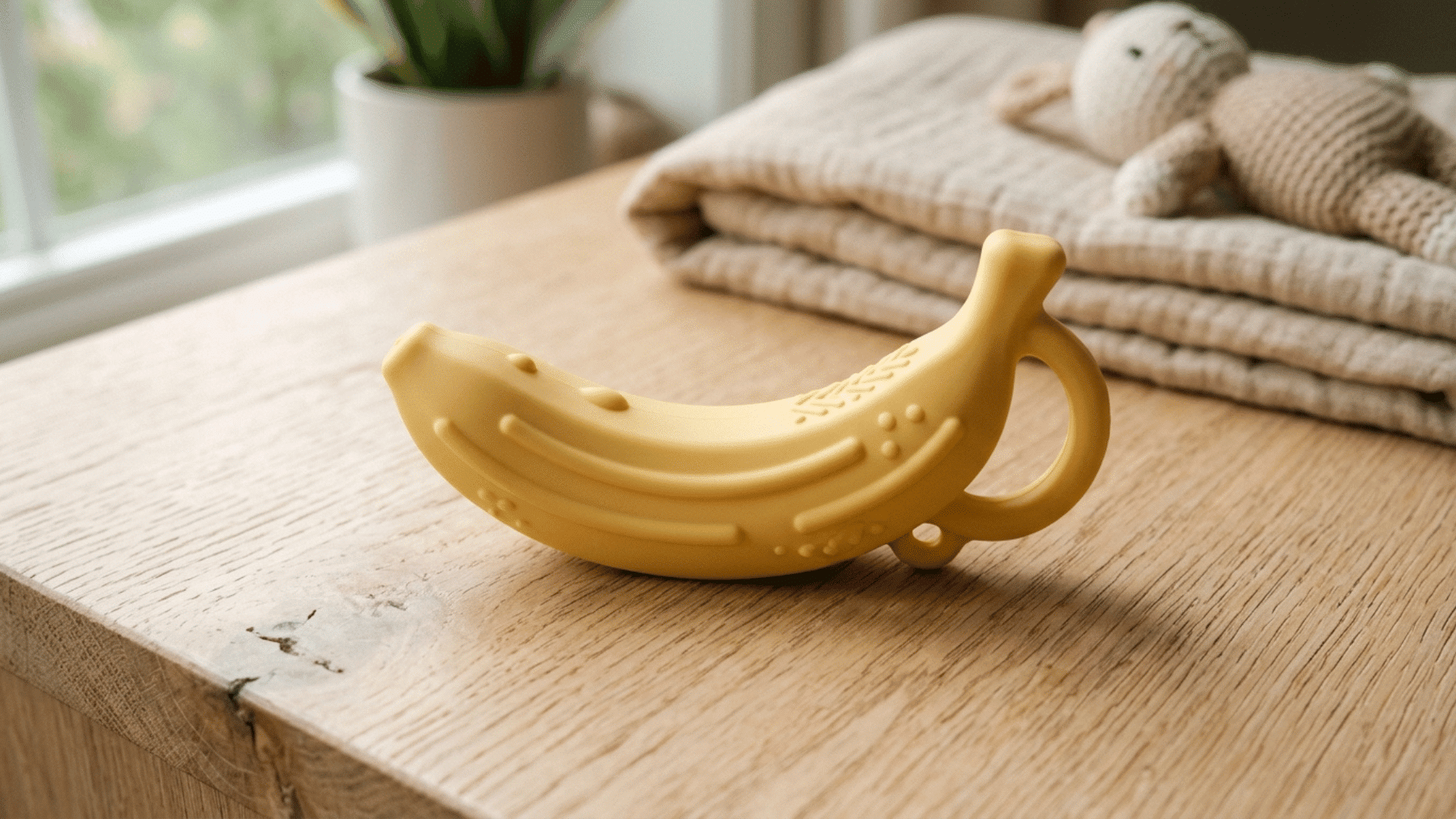 yellow banana-shaped silicone baby teether with textured details resting on a wooden nursery table