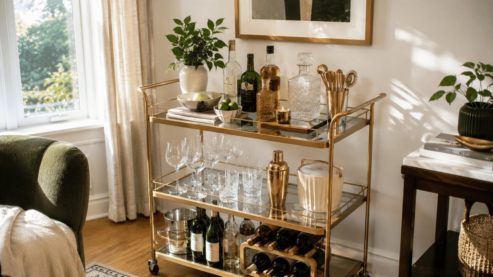 Three-tier gold bar cart with wine glasses, decanters, ice buckets, cocktail shaker, and a built-in wine rack