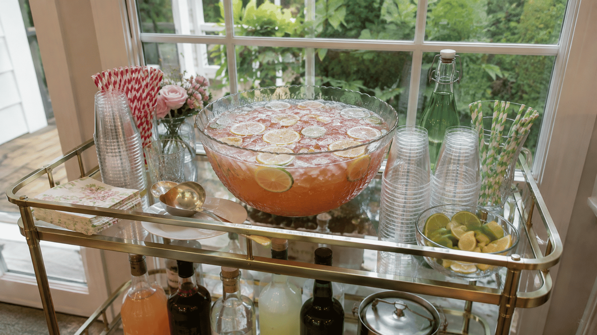 Bar cart with a citrus punch bowl, ladle, plastic cups, striped straws, sliced limes, and pink flowers