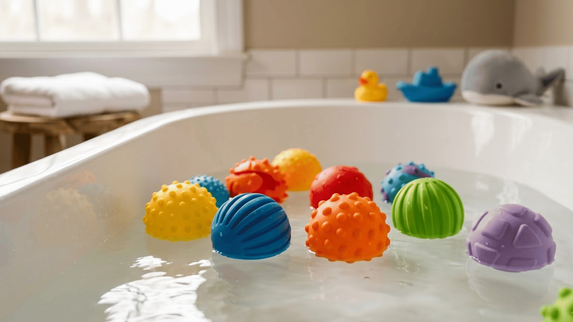 colourful textured sensory balls floating in a baby bathtub for safe water play and easy gripping during bath time