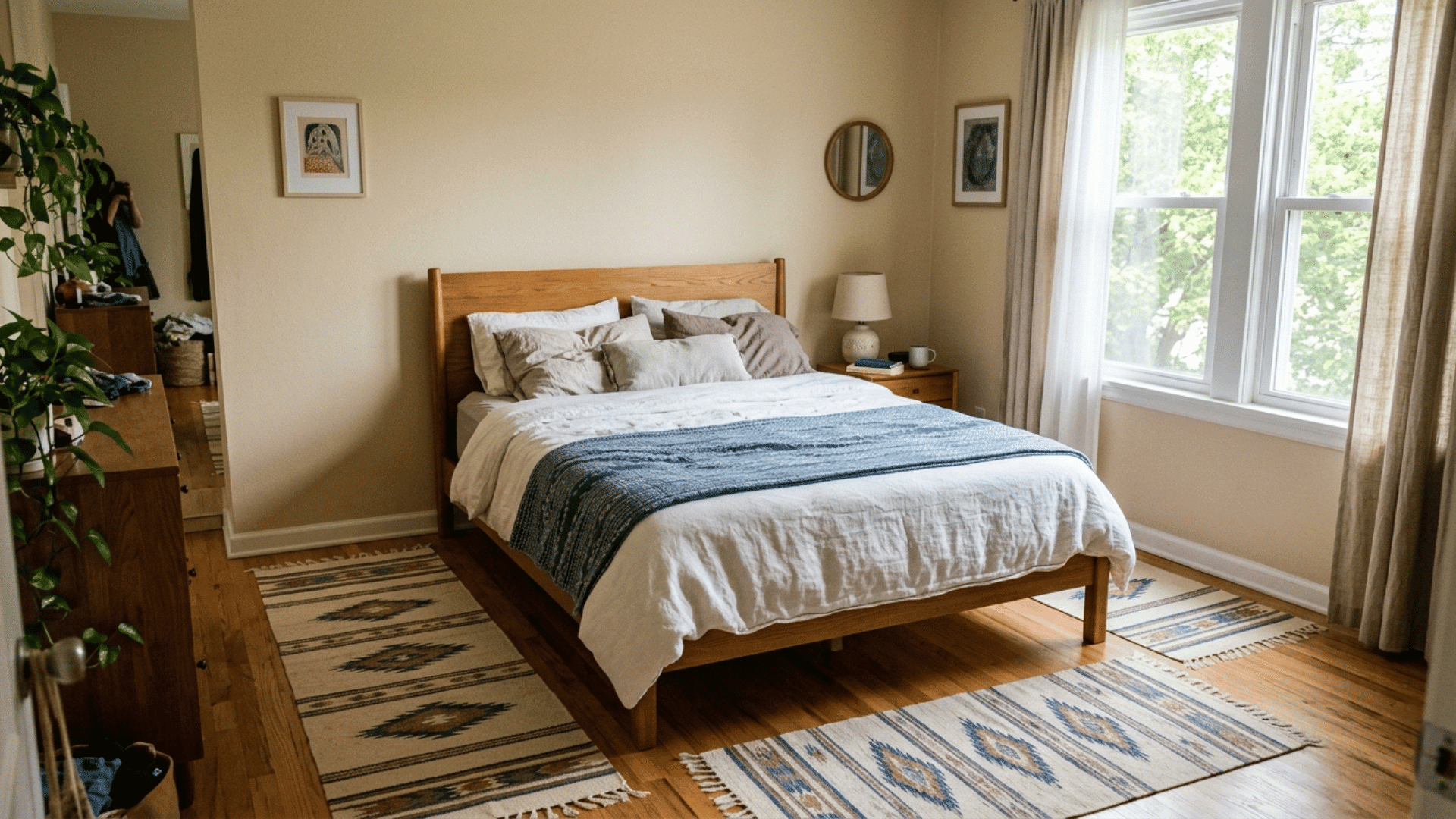 bed floated against one wall instead of a corner in a small guest bedroom layout