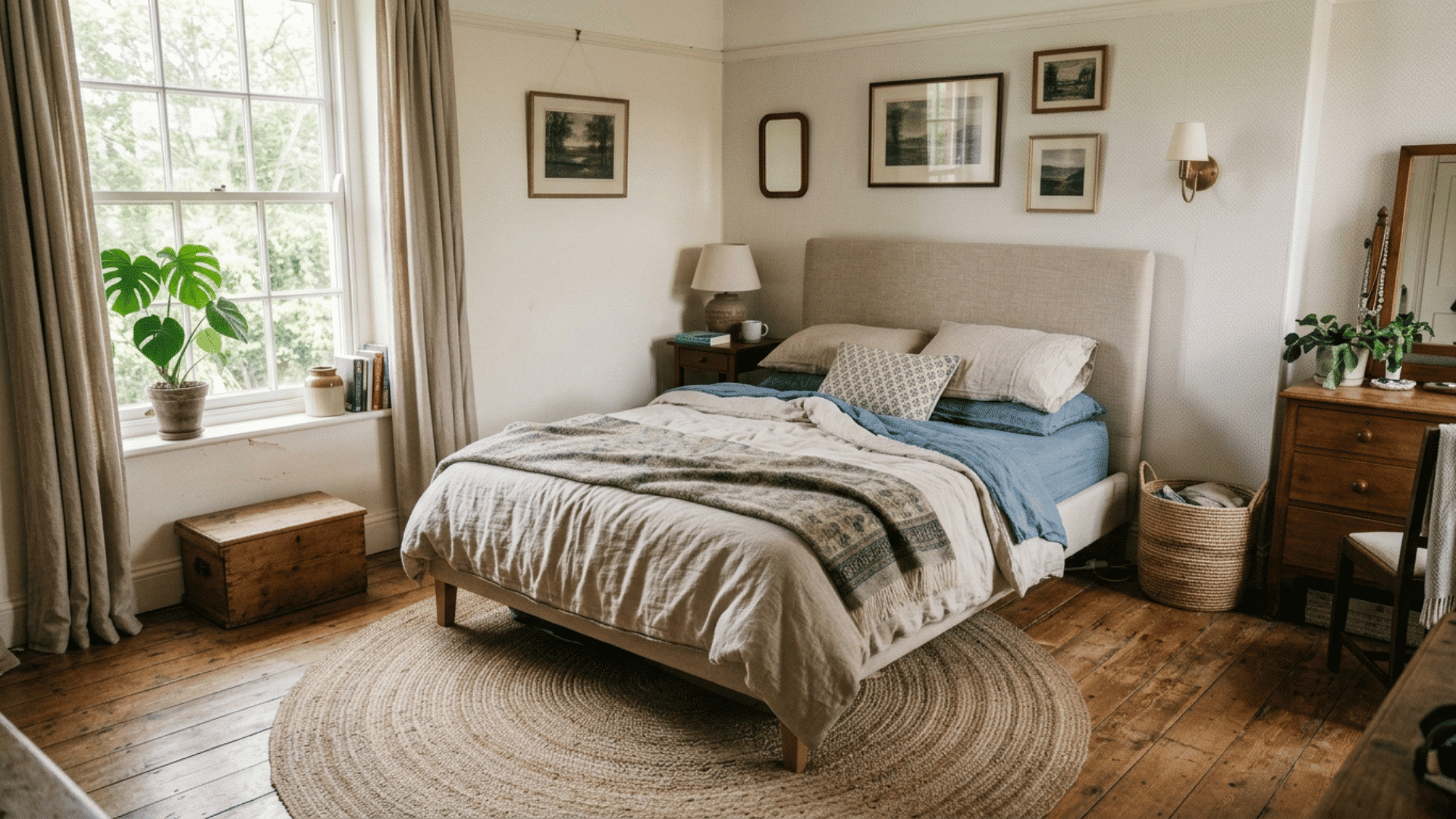 bed placed on a diagonal in the corner of an oddly shaped small guest bedroom