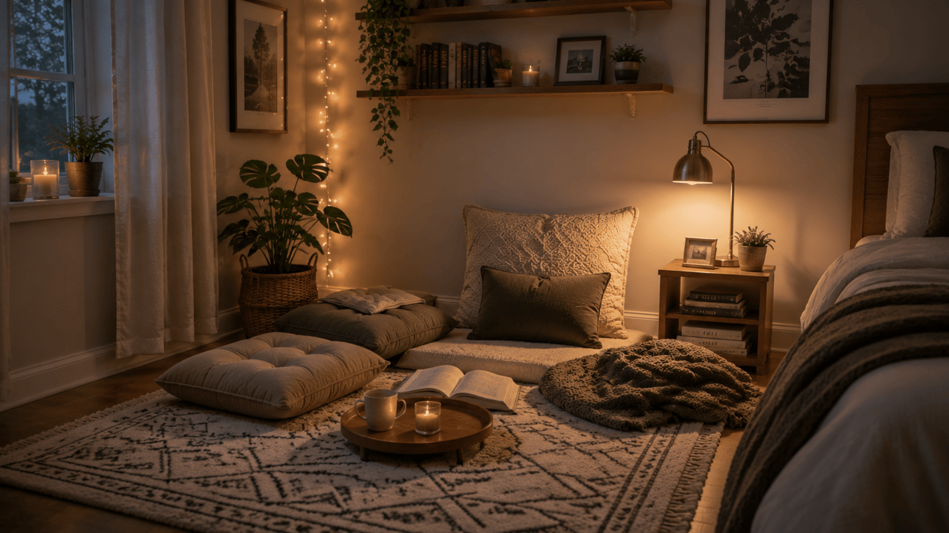 bedroom floor reading area with rug, floor cushions, back pillow, books, and a low table for comfort