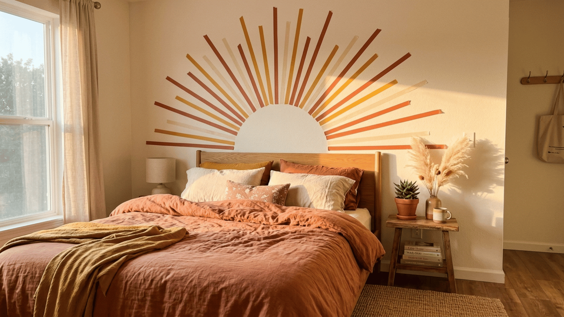 bedroom wall with a washi tape sunburst pattern above a bed