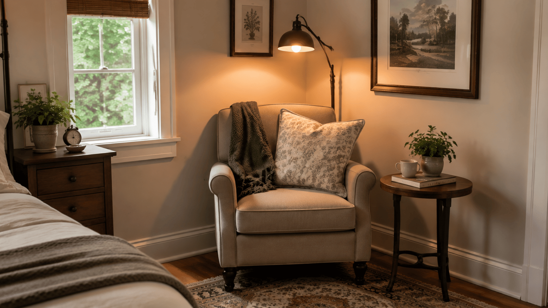 bedside reading corner with comfortable chair, small lamp, side table, and blanket in a peaceful bedroom