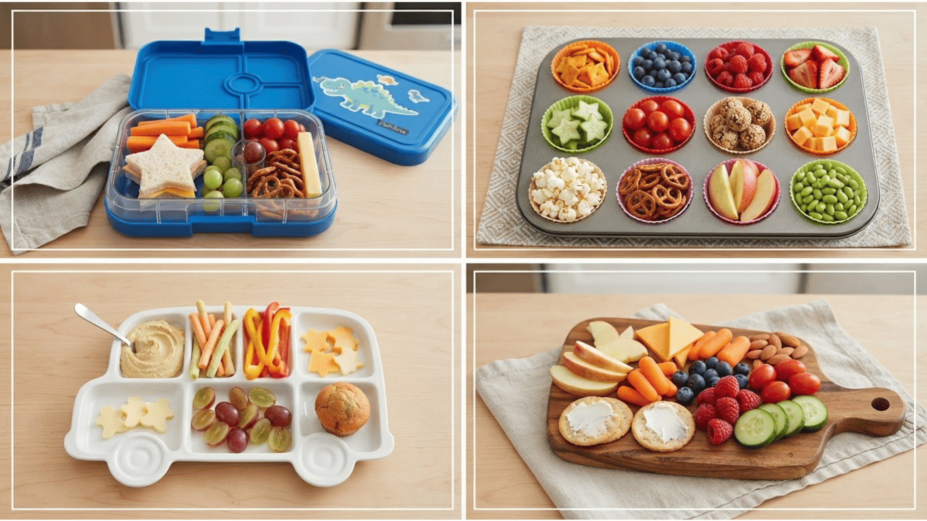 bento box muffin tray divided plate and wooden tray used as kids charcuterie board alternatives with snacks