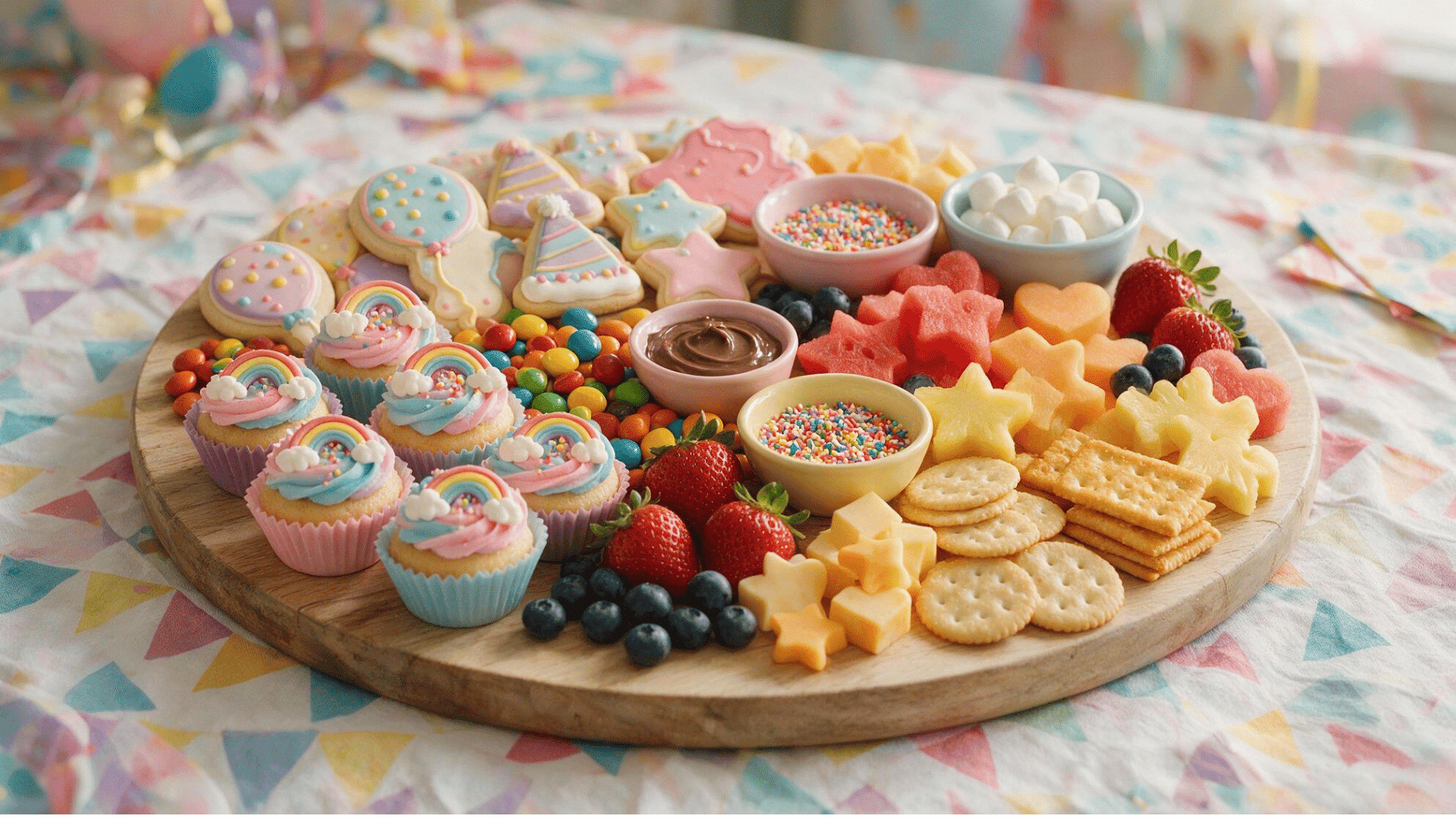 birthday kids charcuterie board with cupcakes cookies candies fruits and themed snacks