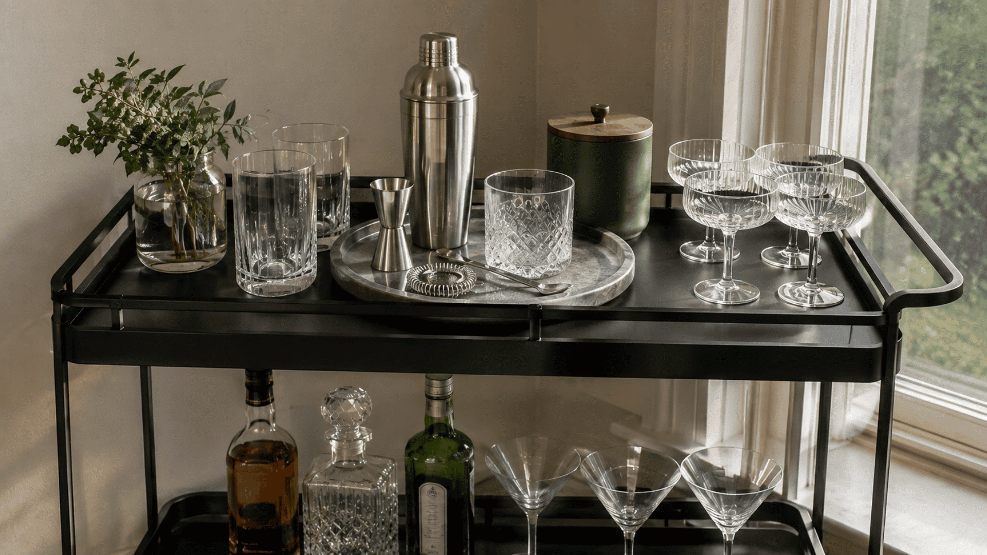 Black bar cart with cocktail shaker, marble tray, coupe and martini glasses, decanters, and greenery
