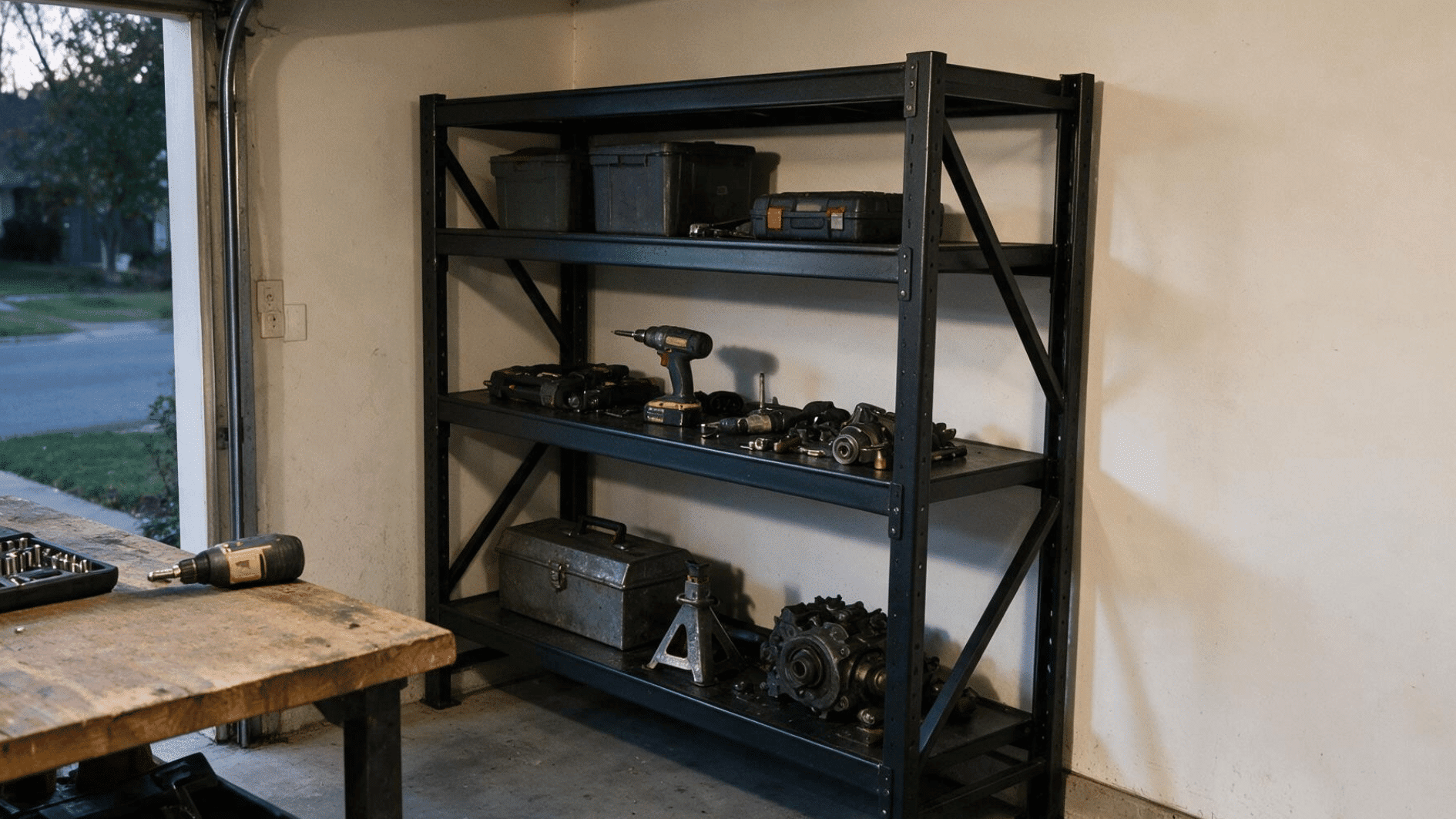 black metal shelving unit in garage holding storage bins tools and automotive equipment beside a workbench
