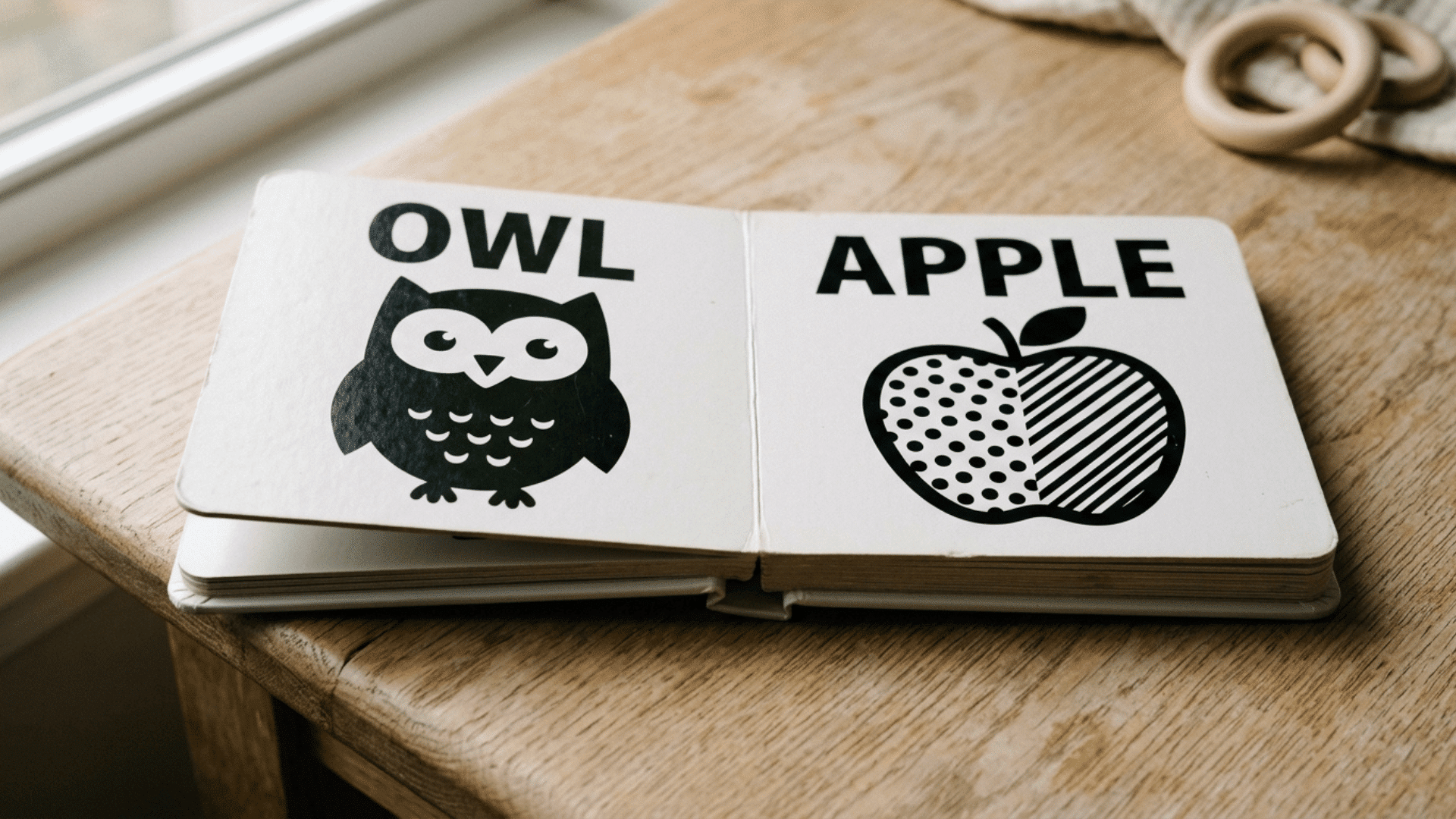 open black and white baby board book showing an owl and apple on a wooden nursery table