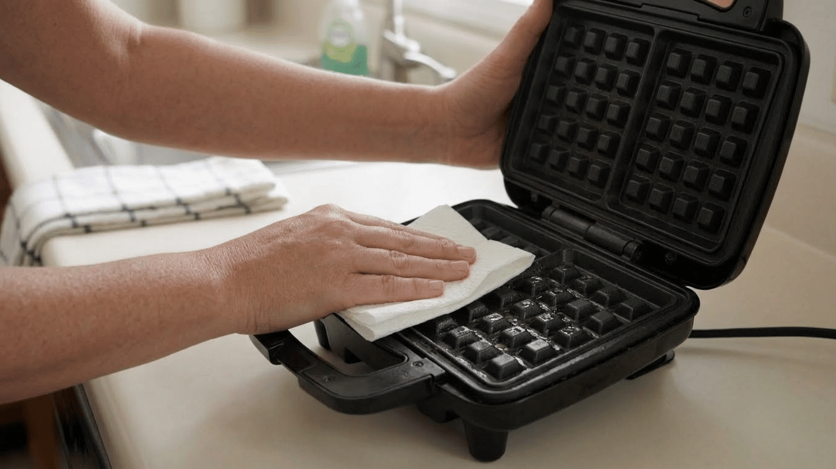 blotting excess oil from waffle maker plates