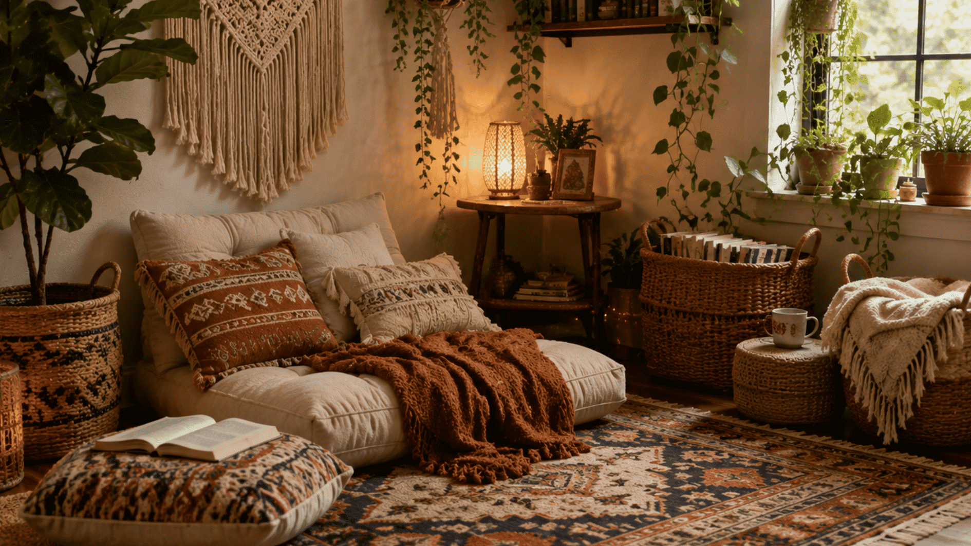 boho reading corner with floor cushions, woven textiles, plants, books, and relaxed cozy decorations