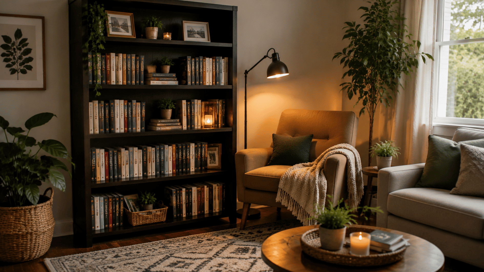 bookshelf reading corner with armchair, tall bookcase, reading lamp, and cozy decor in a living room