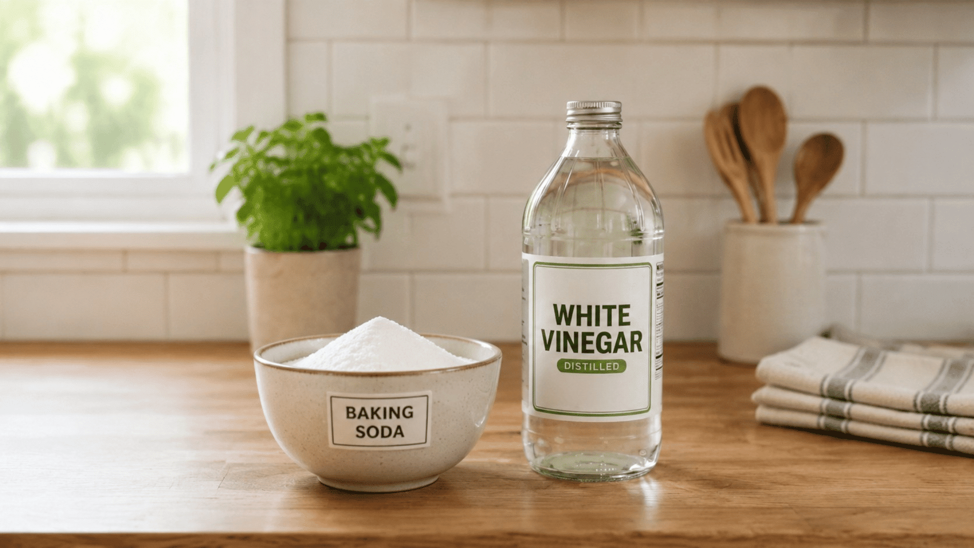 bowl of baking soda and a bottle of white vinegar on a wood counter, ingredients for a double drain cleaner flush
