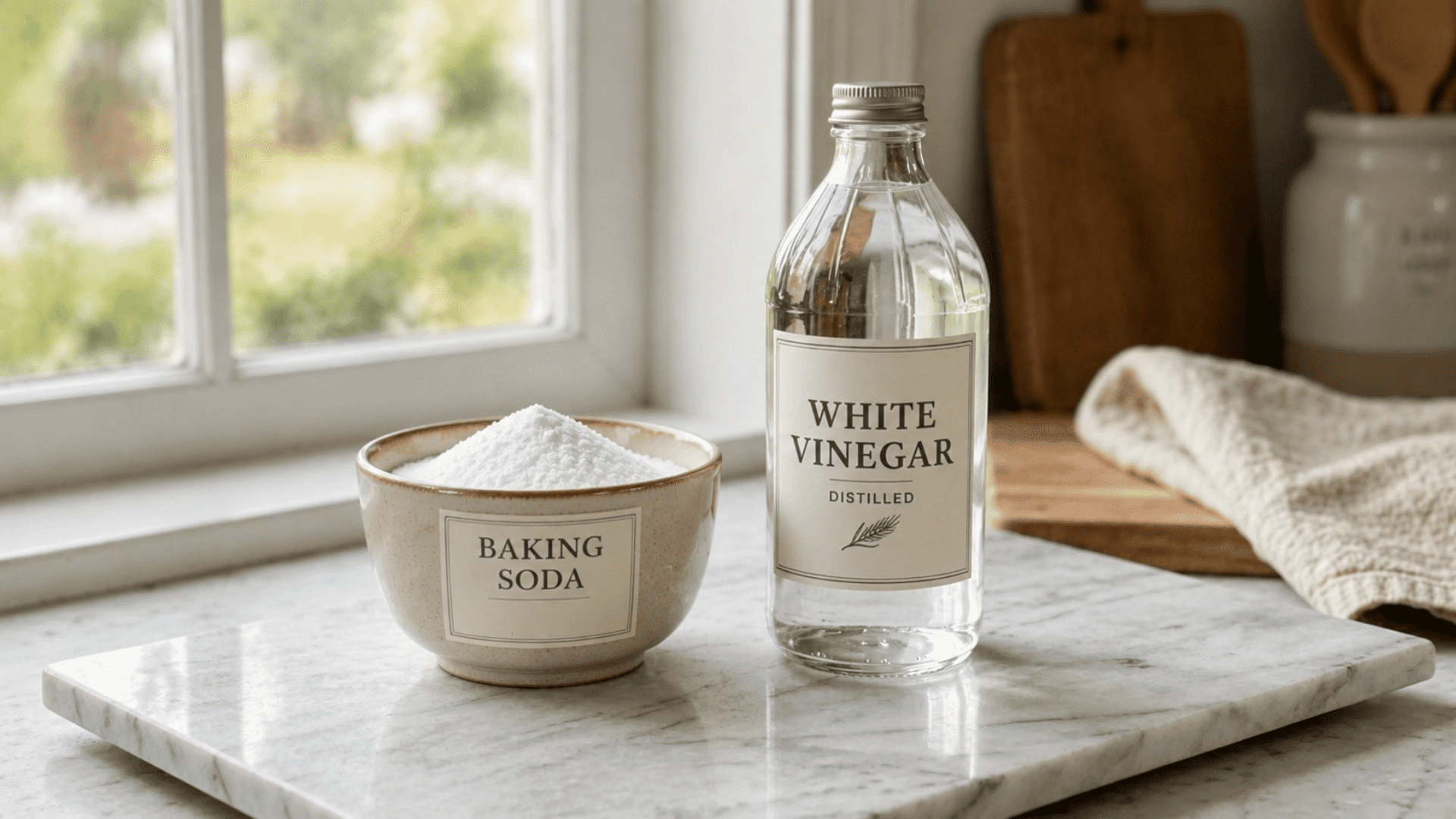 bowl of baking soda and bottle of distilled white vinegar on a marble tray by a kitchen window, ingredients for a diy drain cleaner