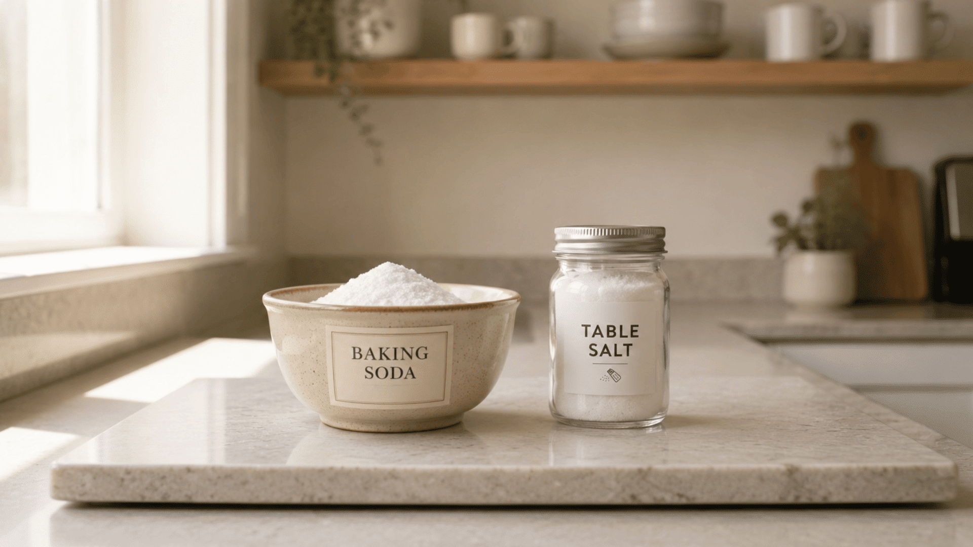 bowl of baking soda beside a jar of table salt on a kitchen counter, ingredients for a homemade drain cleaner