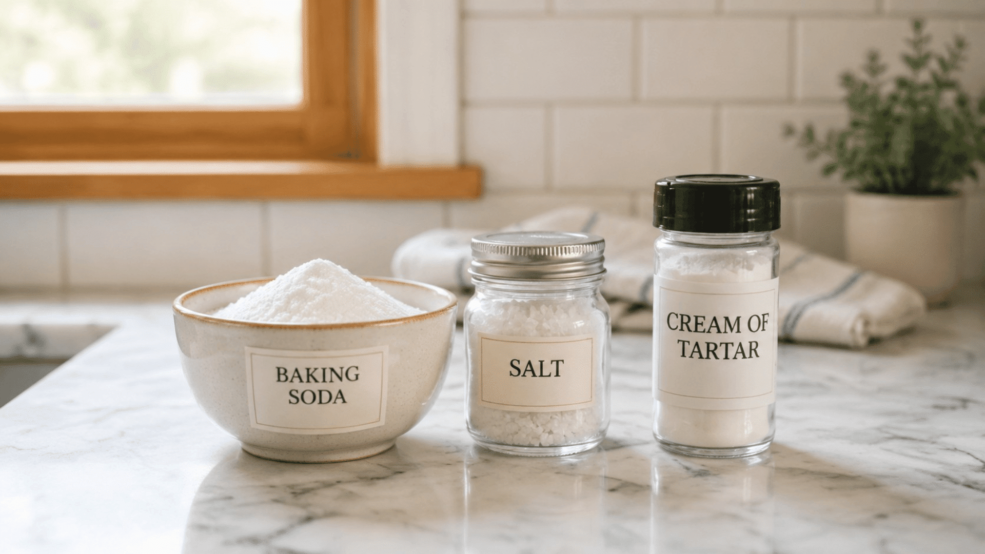 bowl of baking soda with jars of salt and cream of tartar on a marble counter, ingredients for a homemade drain cleaner