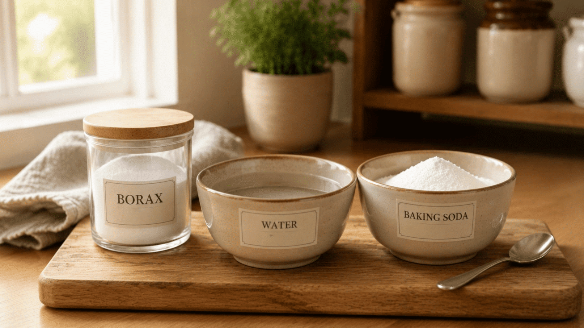 bowl of borax and baking soda paste with ingredient boxes on a kitchen slab for a homemade drain cleaner