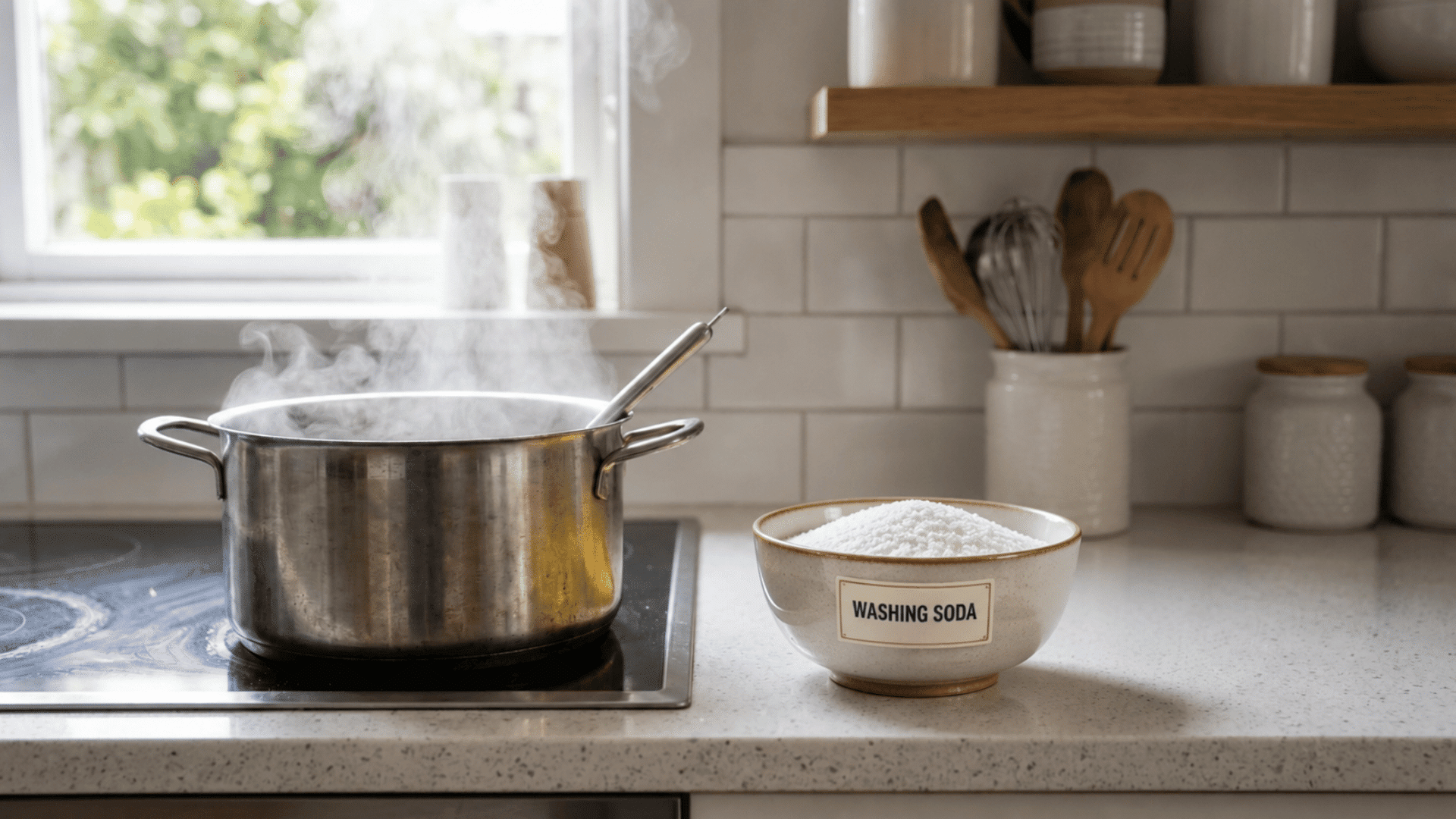 bowl of washing soda beside a pot of boiling water on the stove, ingredients for a homemade drain cleaner
