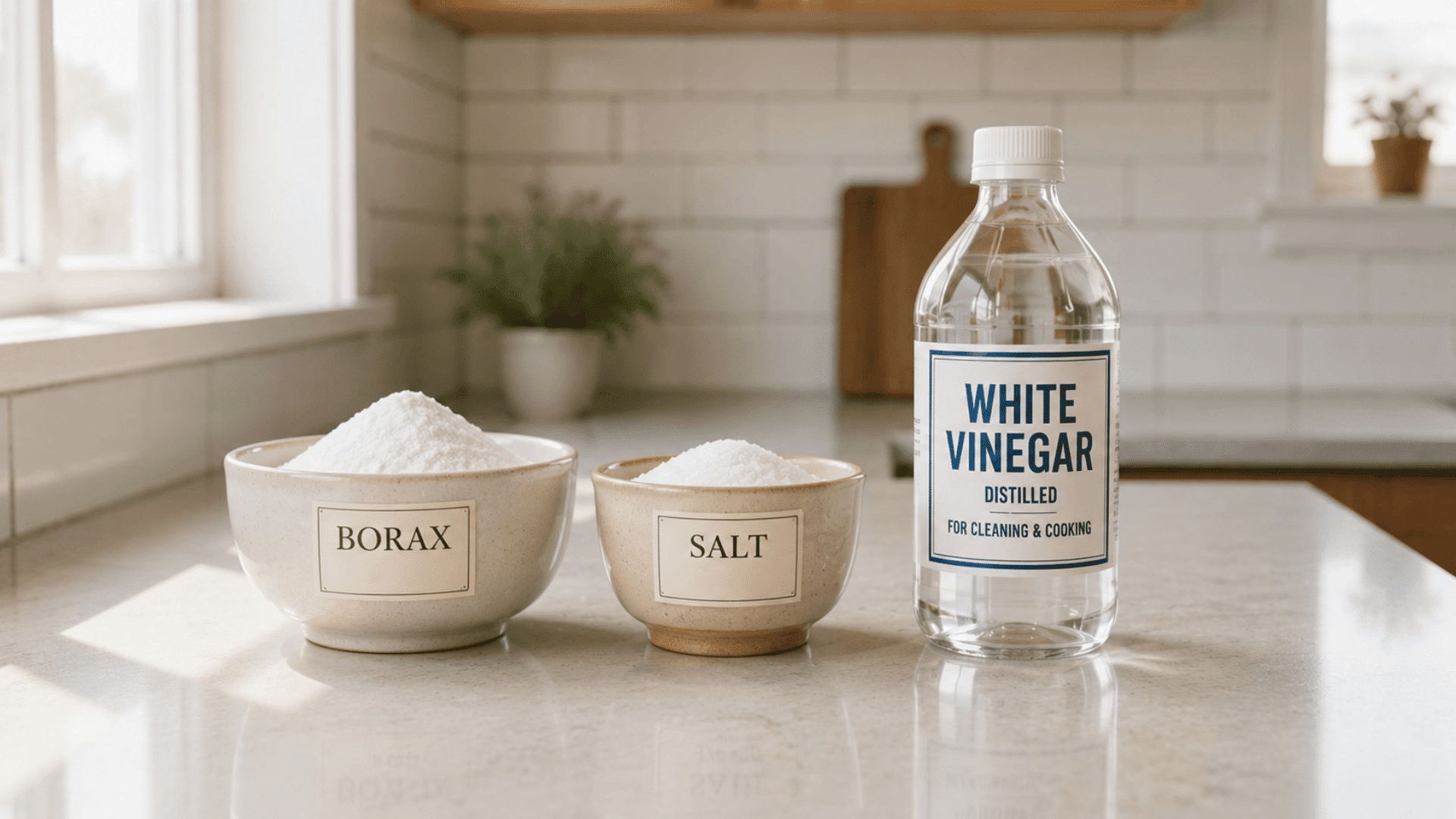 bowls of borax and salt with a bottle of white vinegar on a kitchen counter, ingredients for a homemade drain cleaner