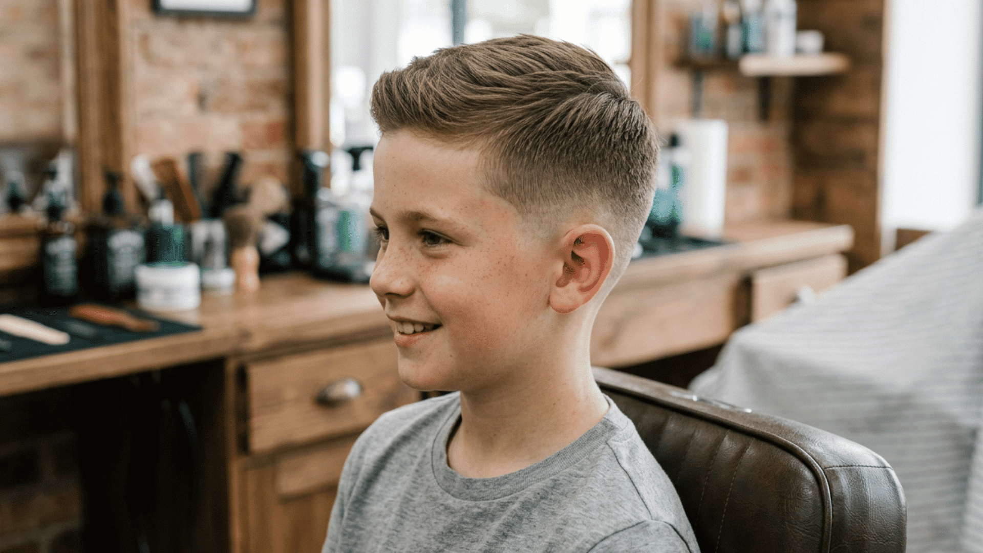 boy with a classic crew cut low fade near the ears and a lightly textured top