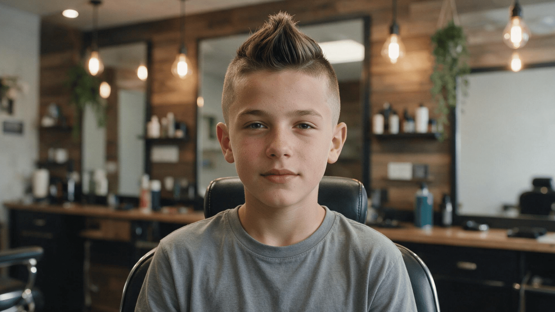 boy with a faux hawk hairstyle sitting in a barber chair, wearing a grey t-shirt in a warm-lit salon