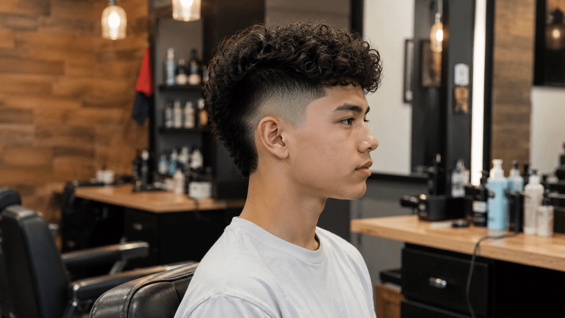 boy with curly hair and a burst fade sitting sideways in a barber chair at a modern salon