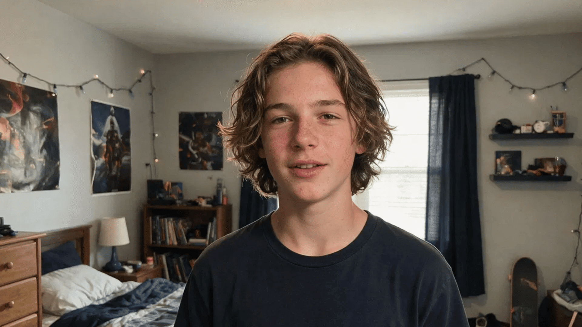 boy with wavy medium-length hair standing in his bedroom with fairy lights, posters, and a skateboard in the background