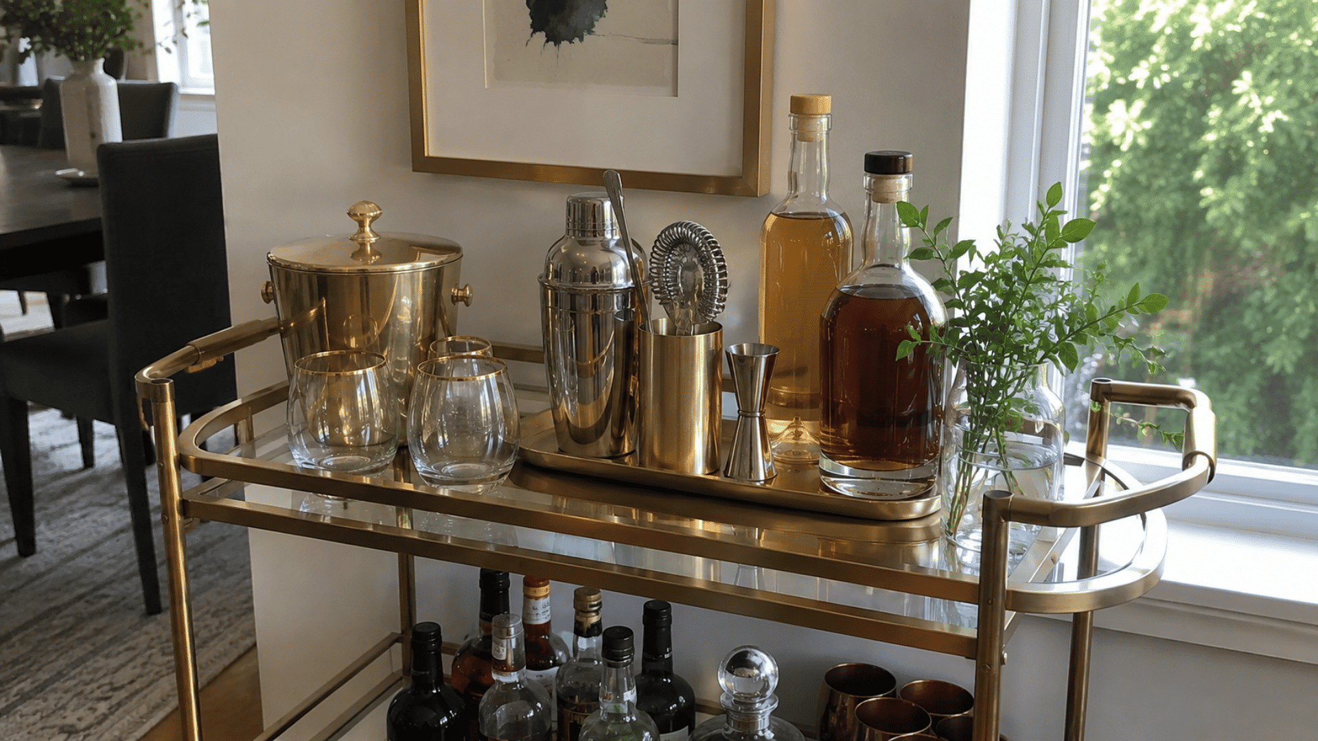 Brass bar cart with gold ice bucket, cocktail shaker, jigger, whiskey bottles, stemless glasses, and greenery