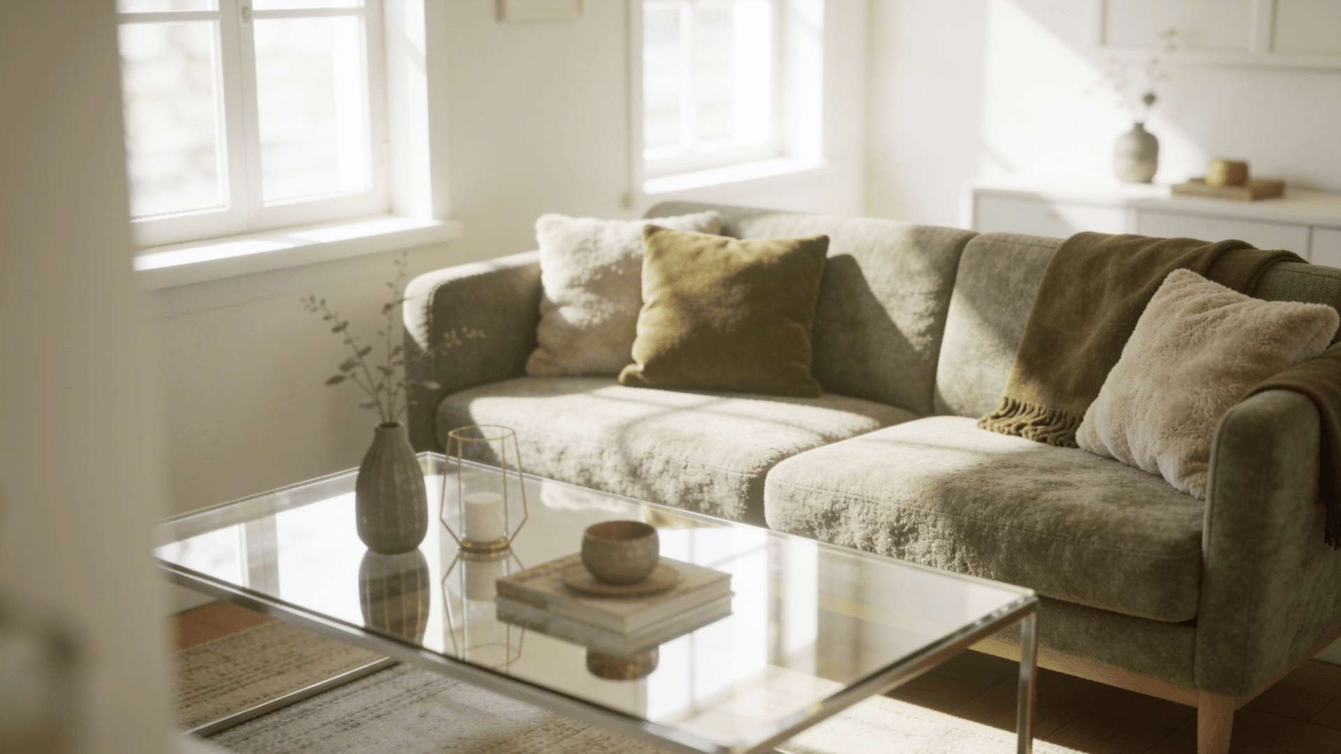 bright living room with gray sofa, glass coffee table, natural light, and minimal decor creating a spacious feel
