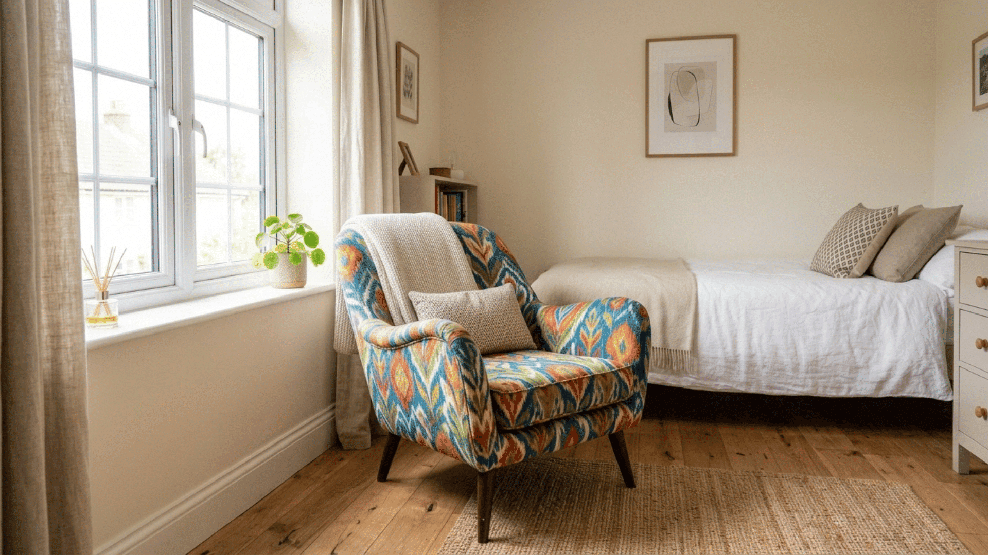 bright patterned accent chair adding personality to a small, neutral guest bedroom