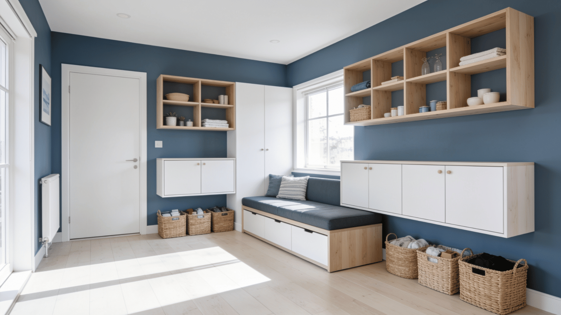 bright room with wall mounted storage, open floor space, and organized shelves showing smart space saving storage ideas