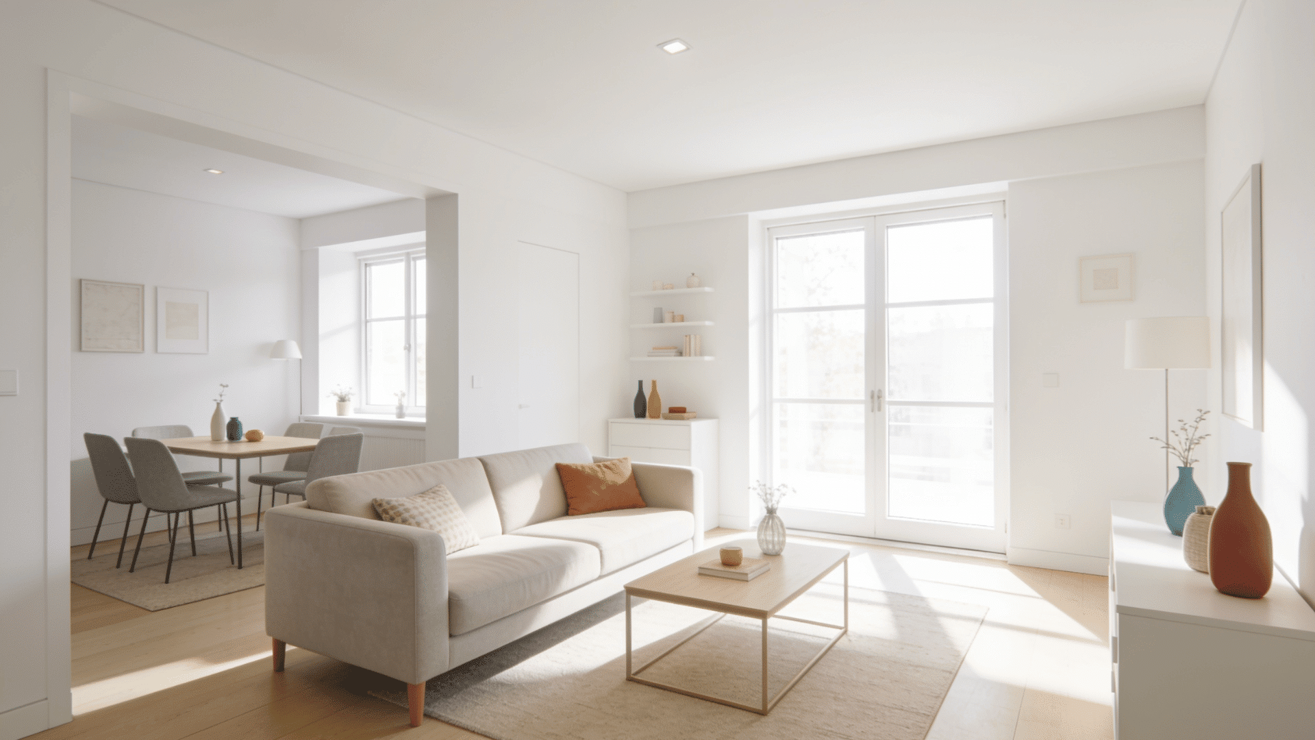 bright white living room with large windows, light furniture, open layout, and minimal decor creating a spacious feel