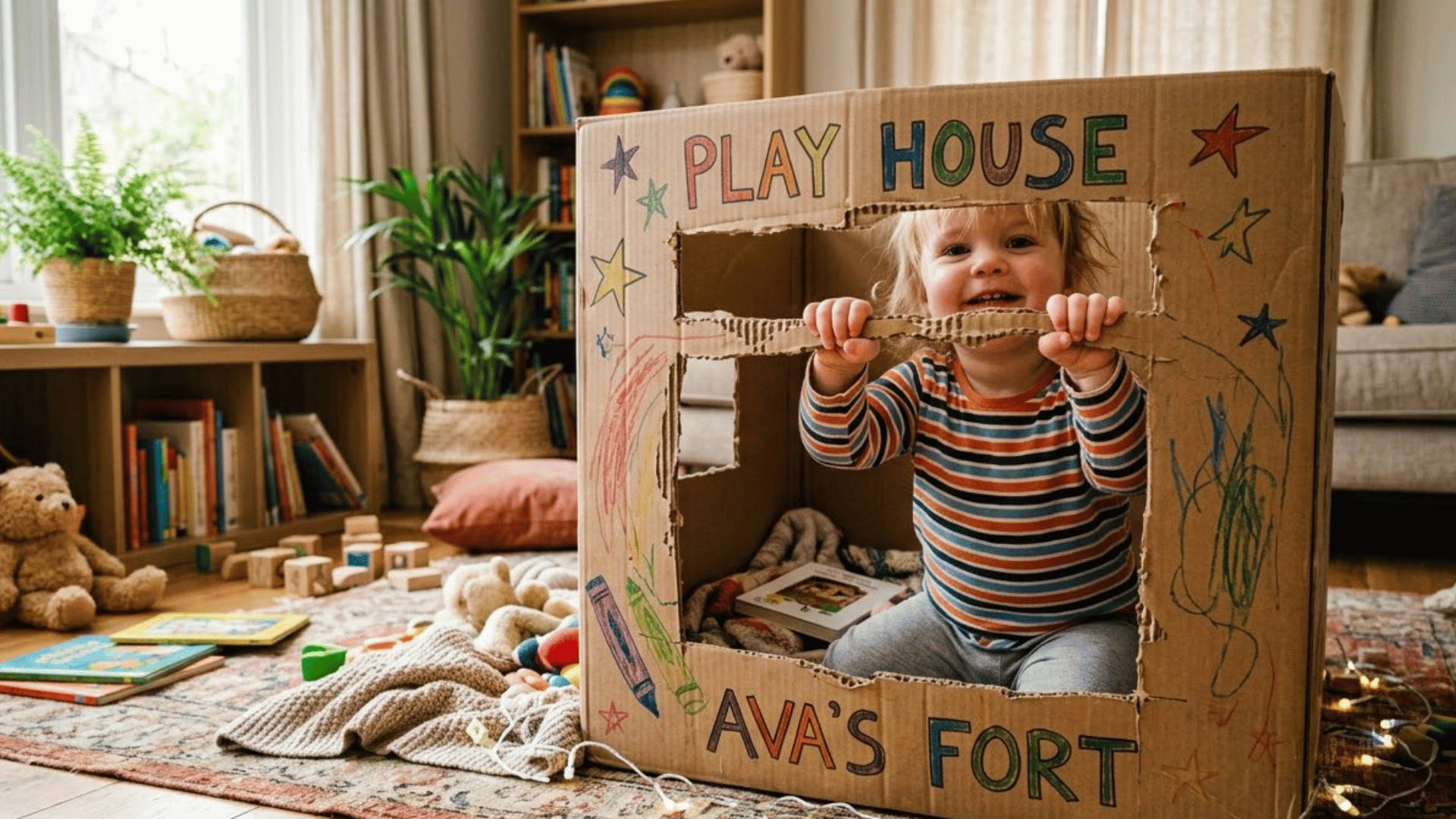 toddler sits inside a cardboard box with a cut out window during pretend play