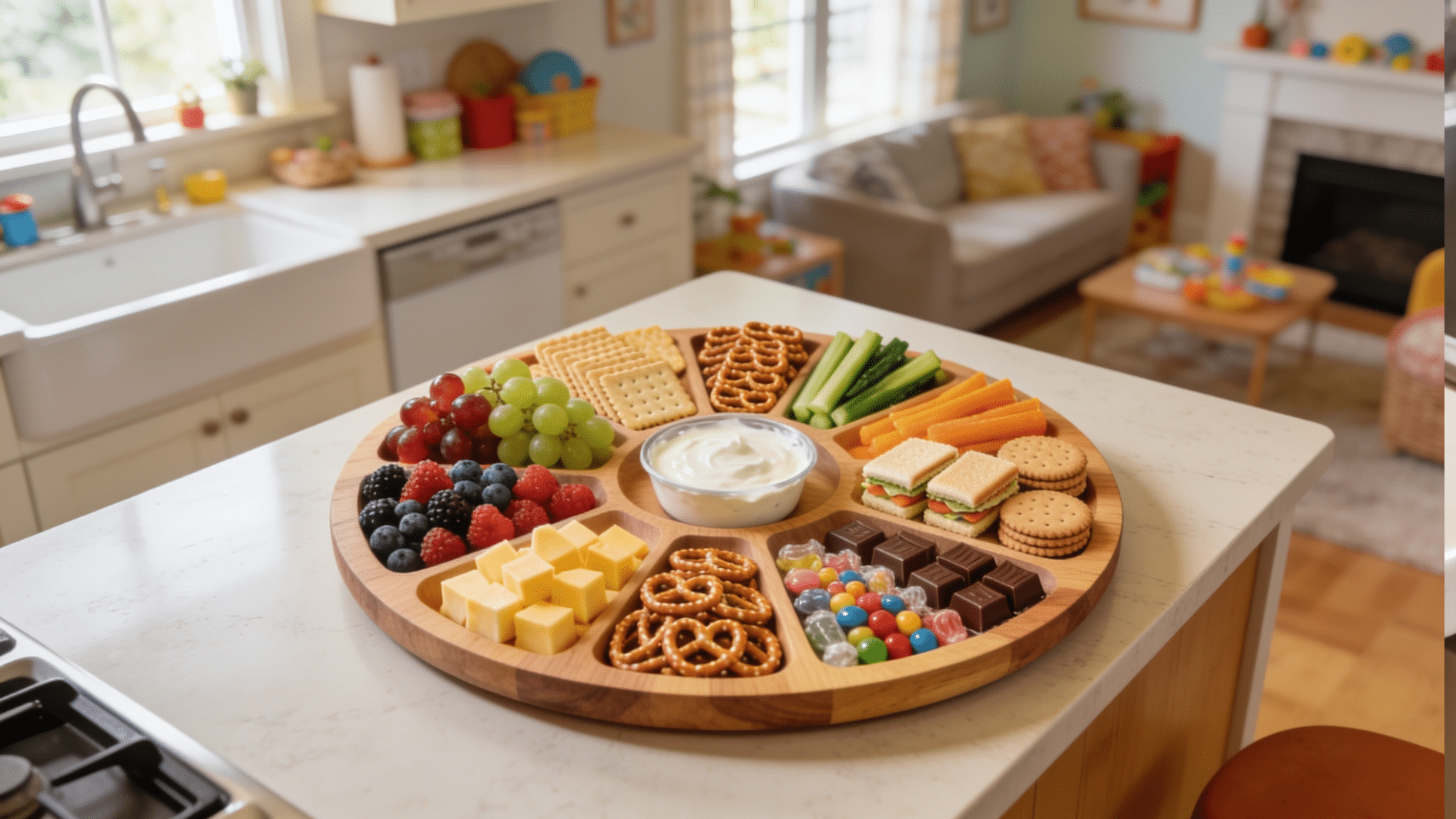 circular kids charcuterie board filled with colorful snacks fruits cheese crackers chocolates and treats