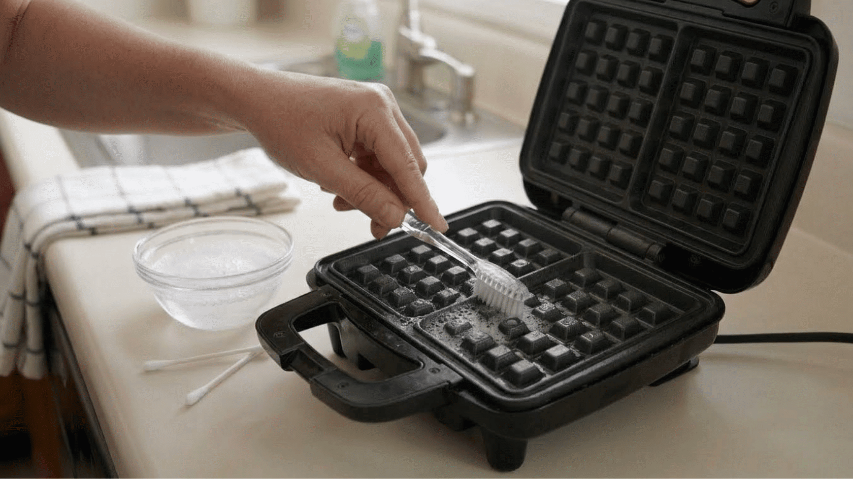 cleaning waffle maker grooves with a soft brush
