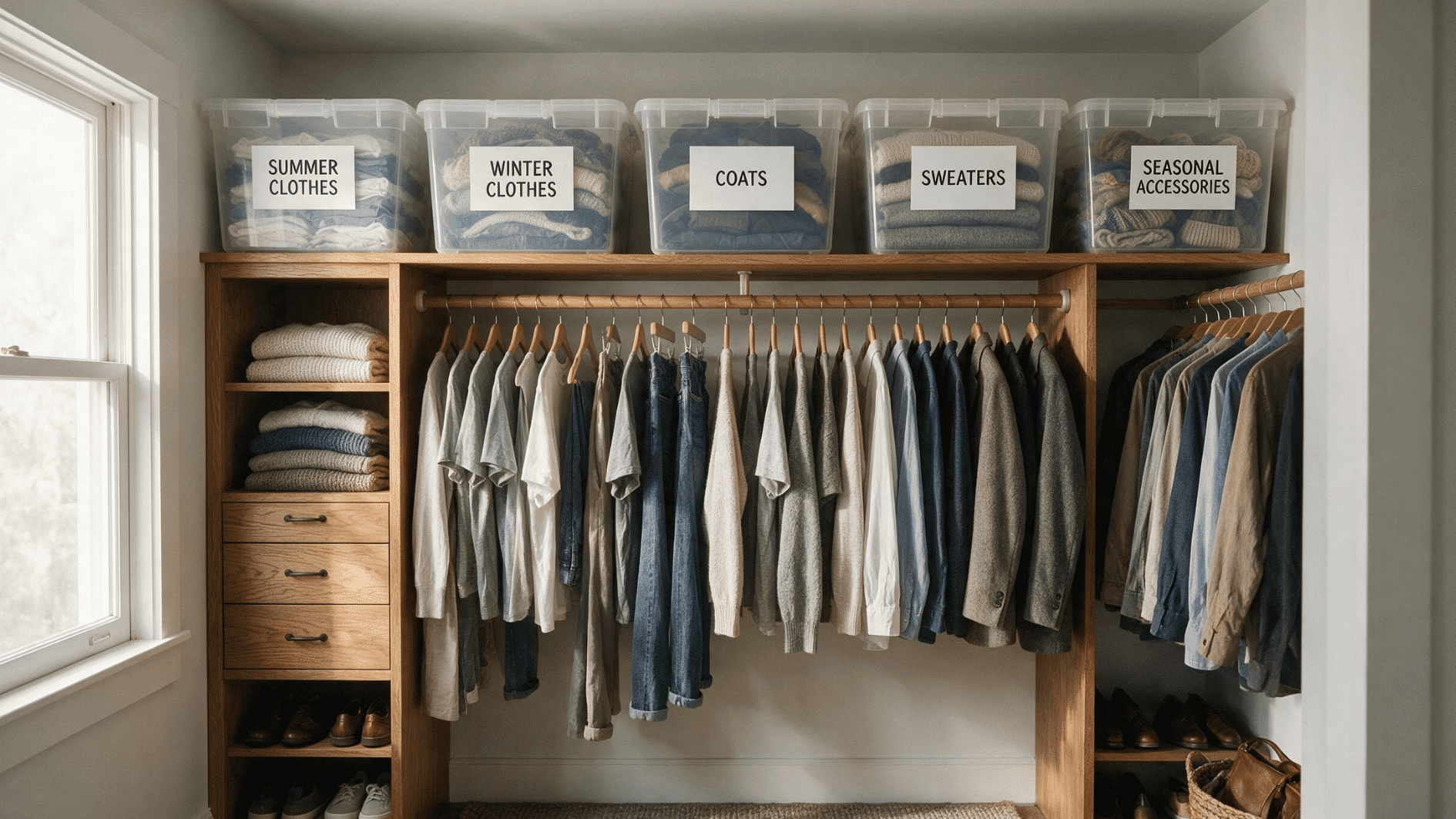 clear labeled seasonal storage bins keeping off season clothes organized in closet