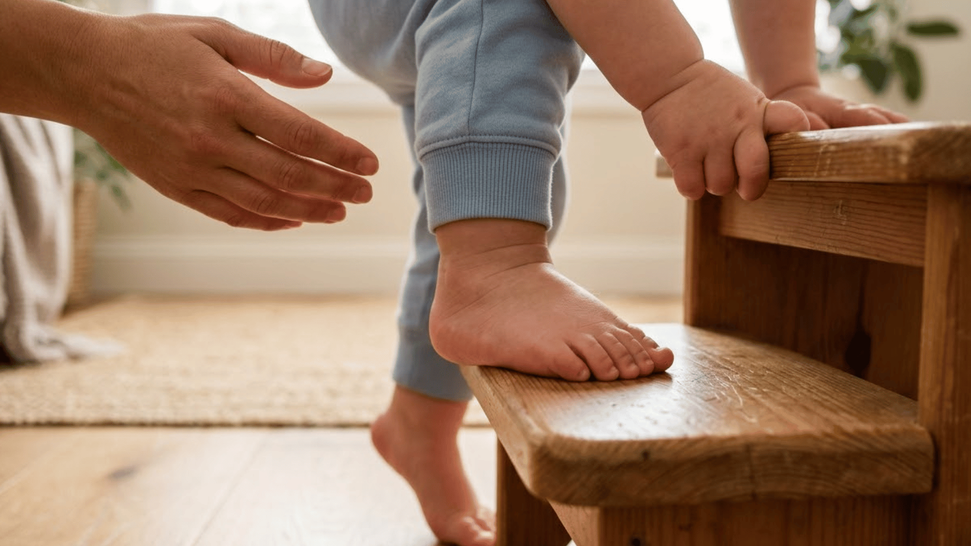 toddler steps onto a low sturdy step stool while gripping the edge for balance