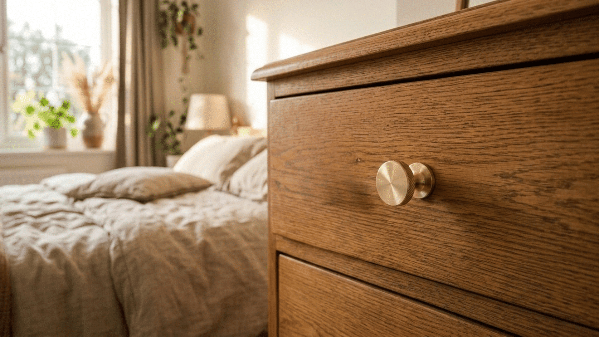 close-up of a new brass knob on a wooden dresser drawer, showing a furniture hardware update