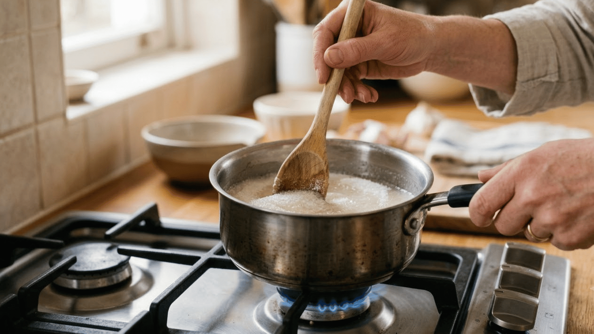 close-up of hands stirring sugar and water in a saucepan to make simple syrup for homemade lemonade