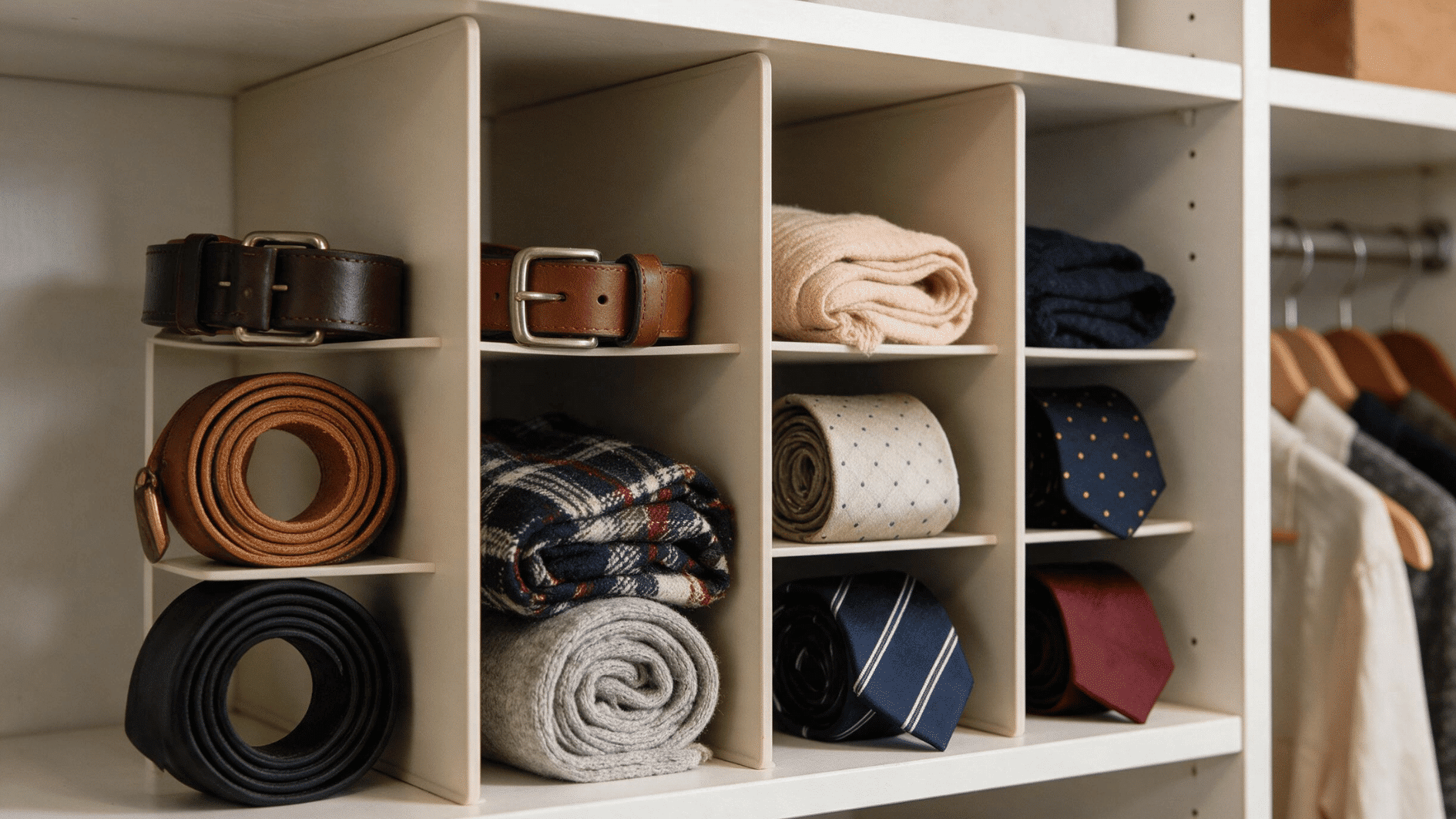 closet shelf with vertical dividers separating rolled scarves belts and ties into organized sections
