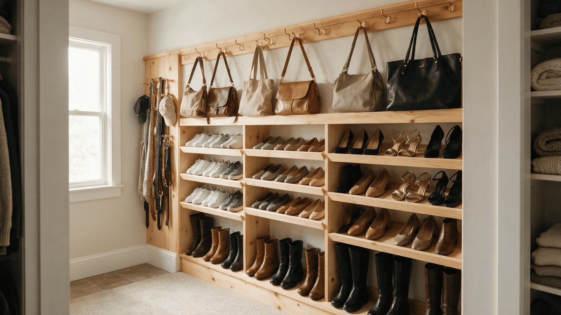 closet shoe and accessory wall with slanted racks hooks and organized footwear storage