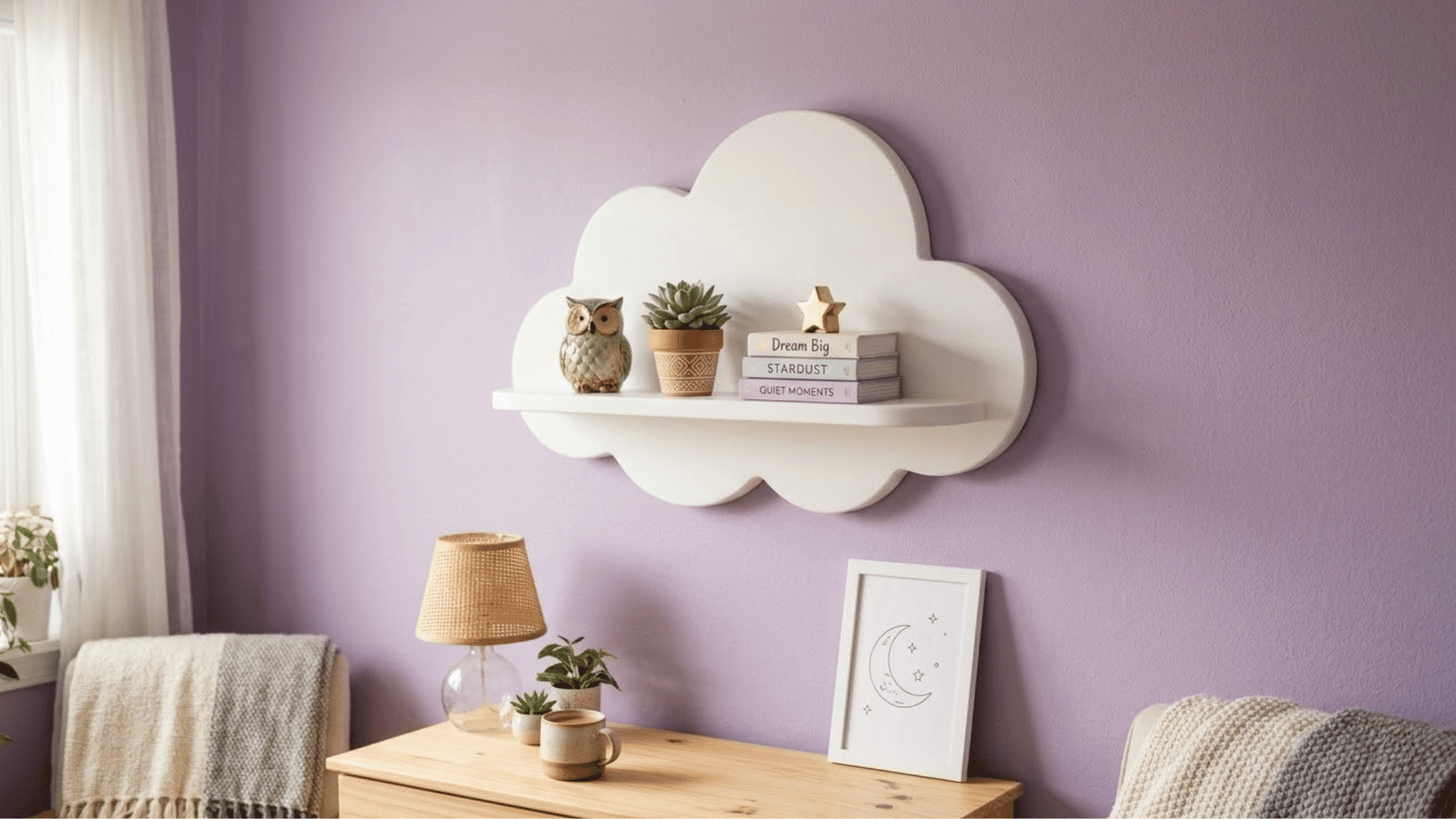 a cloud shaped floating shelf on a lavender wall