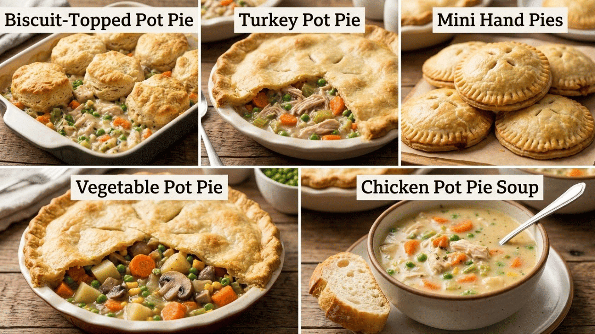 collage of five chicken pot pie variations featuring biscuit-topped chicken pot pie, turkey pot pie, mini hand pies, vegetable pot pie, and creamy chicken pot pie soup