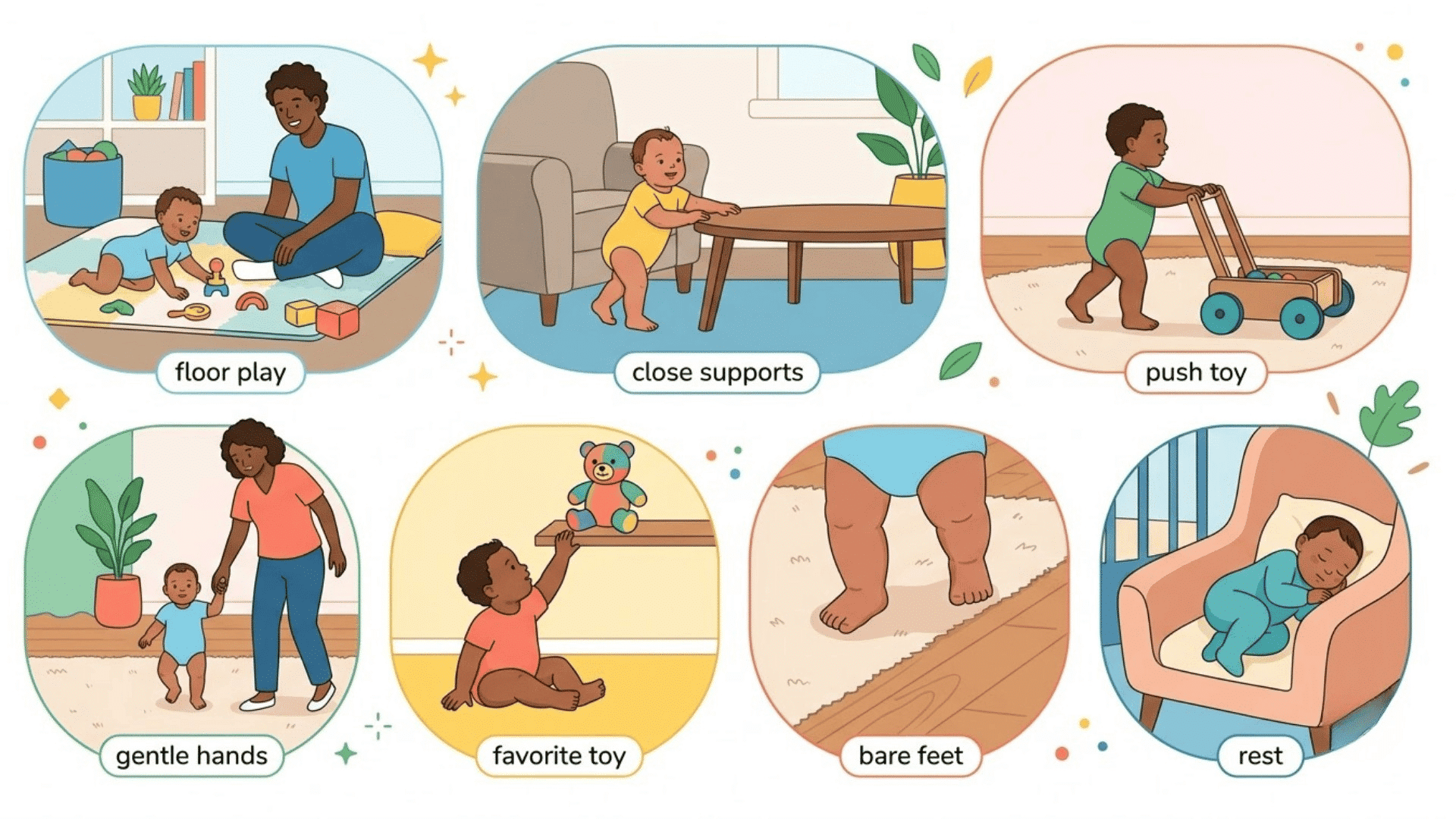 colorful infographic showing seven safe ways parents can support a baby while learning to walk indoors