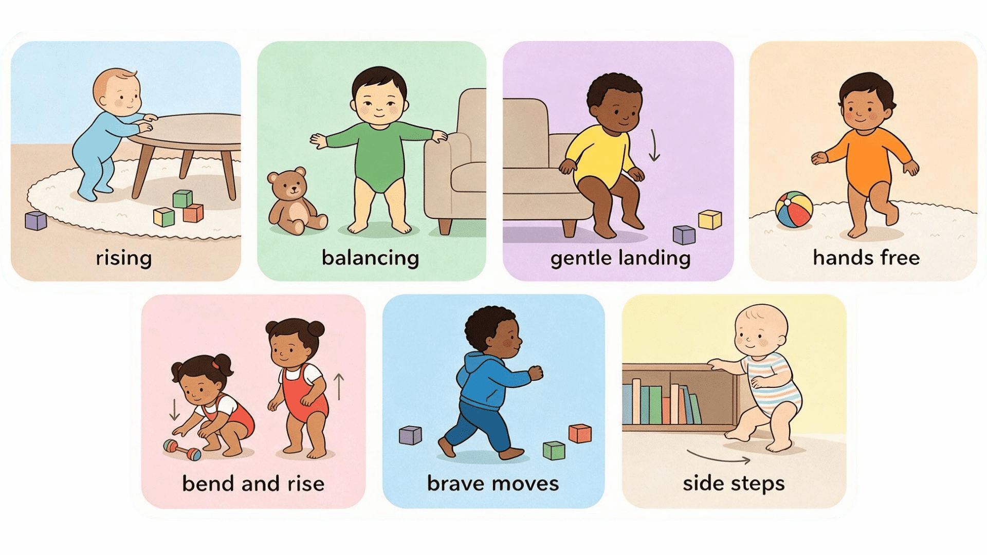 colorful infographic showing seven movement and signs that may appear before a baby starts walking