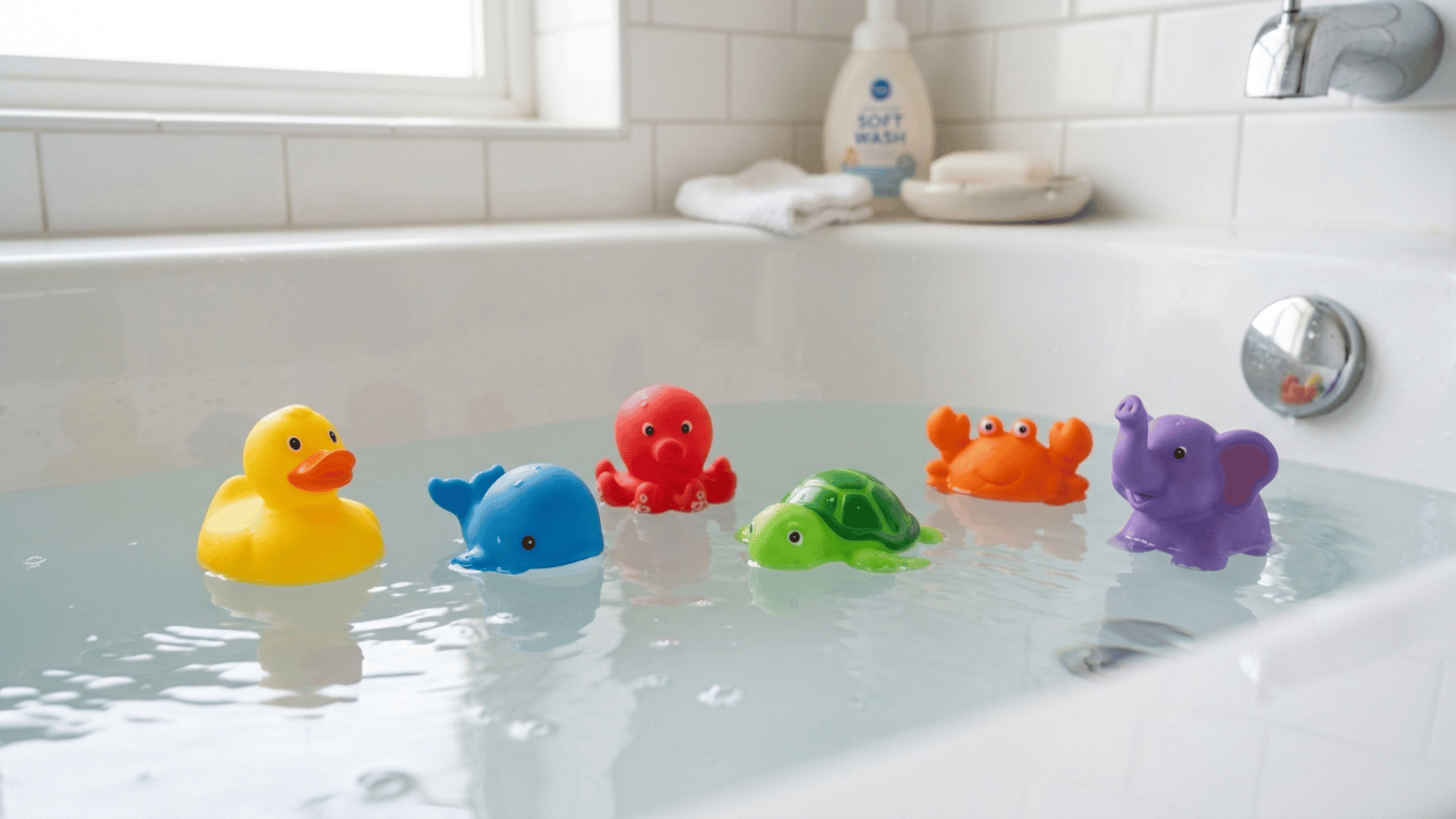 colourful duck, whale, octopus, turtle, crab and elephant toys floating in a filled bathtub