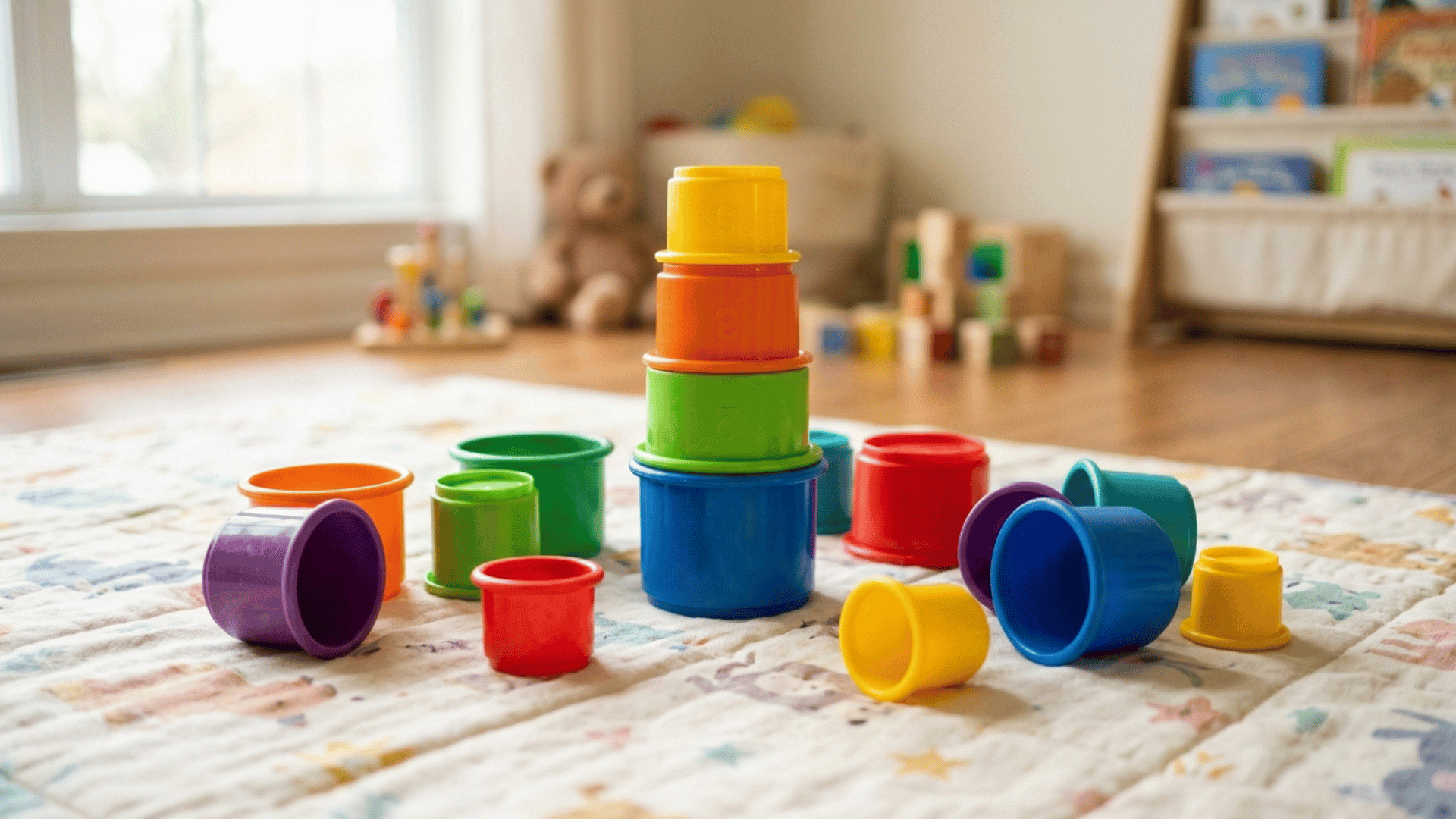 colourful plastic nesting cups stacked and scattered across a padded play mat in a bright nursery